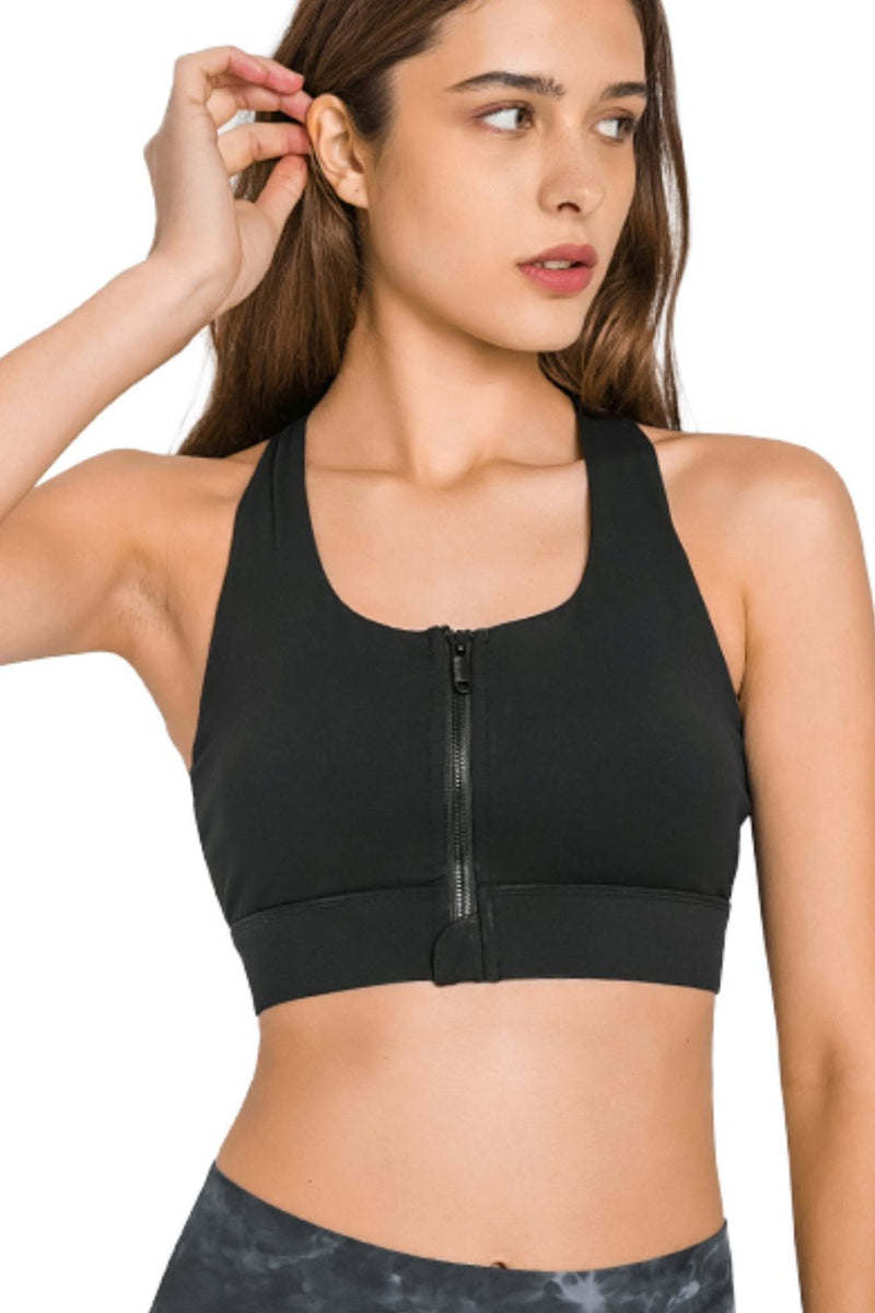 Experience Ultimate Support and Style with the Zip Up Racerback Sports Bra at Burkesgarb