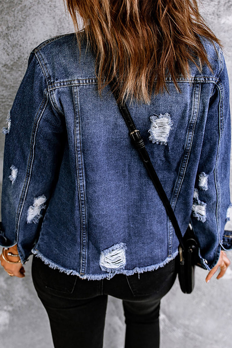 Rock the Edgy Look with our Distressed Button Front Denim Jacket