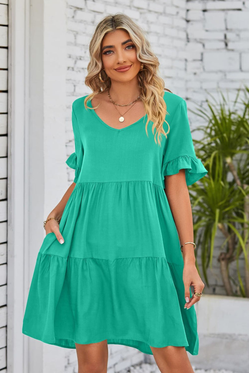 Flirty and Feminine: V-Neck Flounce Sleeve Tiered Dress at Burkesgarb