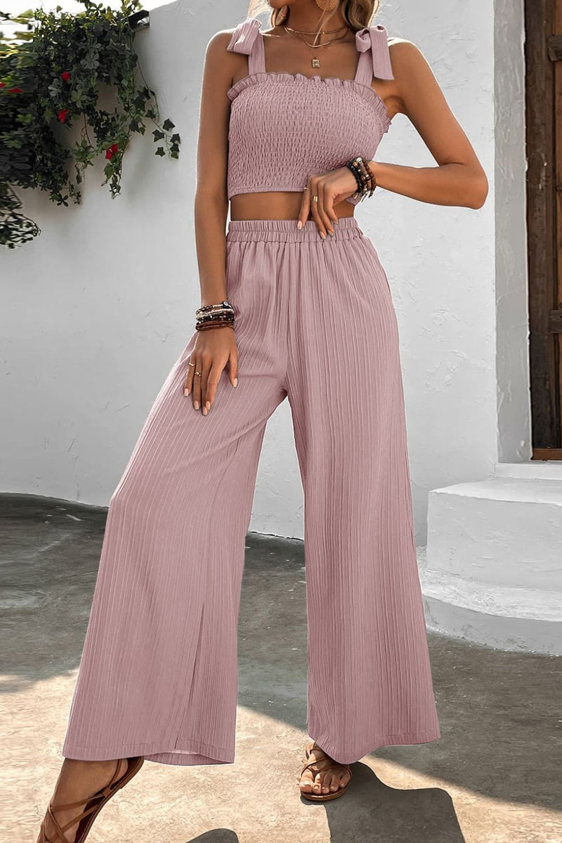 Elevate Your Style with the Tie Shoulder Crop Top and Wide Leg Pants Set from Burkesgarb