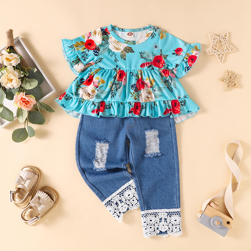 Charming and Stylish: Girls Floral Top and Lace Trim Distressed Jeans Set | Burkesgarb