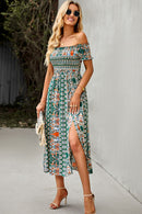 "Make a Statement with our Off-Shoulder Frill Trim Split Dress"