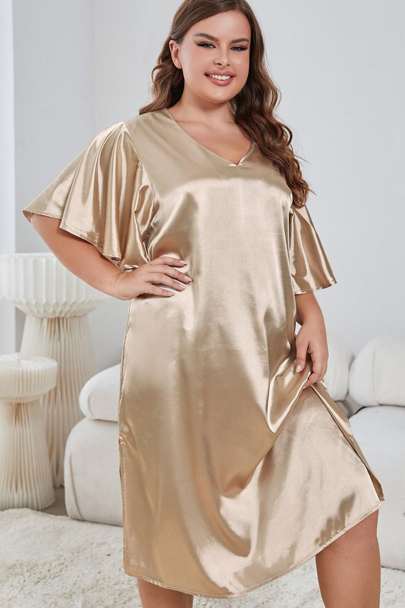 Elegance and Comfort Combined: Plus Size Flutter Sleeve V-Neck Side Night Gown at Burkesgarb