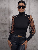 Elegant and Chic: Buttoned Lantern Sleeve Turtle Neck Blouse at Burkesgarb