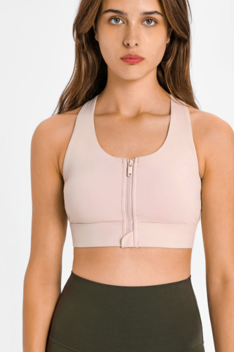 Experience Ultimate Support and Style with the Zip Up Racerback Sports Bra at Burkesgarb