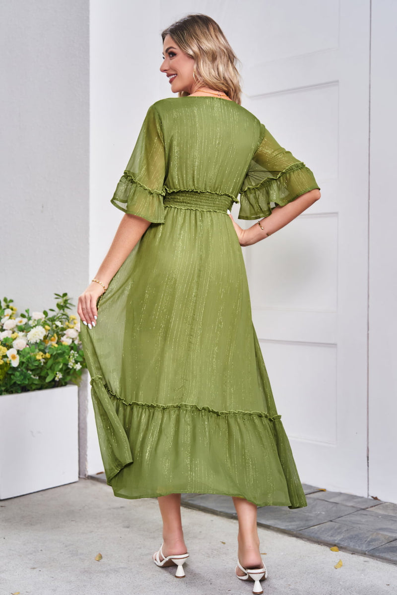 Elegance and Grace: V-Neck Flounce Sleeve Smocked Waist High Slit Dress at Burkesgarb