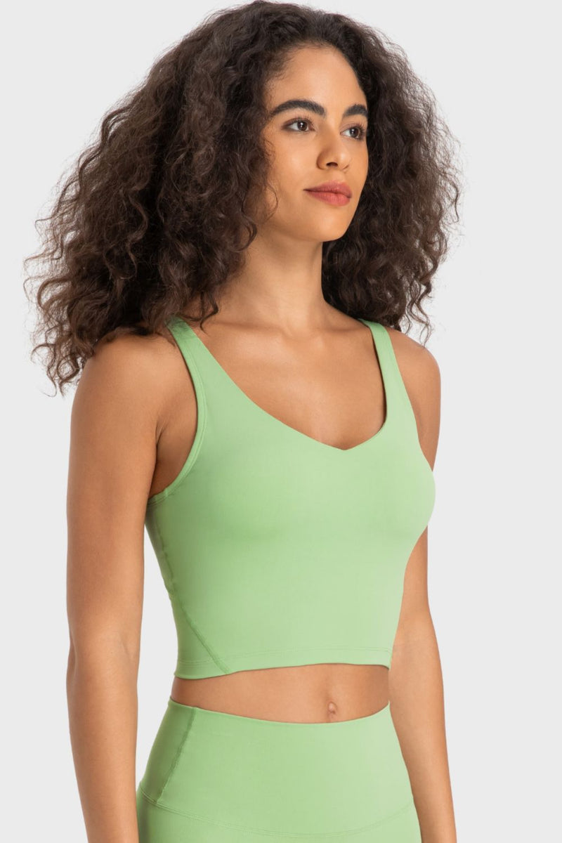 Enhance Your Workout Style with the Deep V-Neck Crop Sports Bra at Burkesgarb