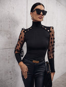 Elegant and Chic: Buttoned Lantern Sleeve Turtle Neck Blouse at Burkesgarb