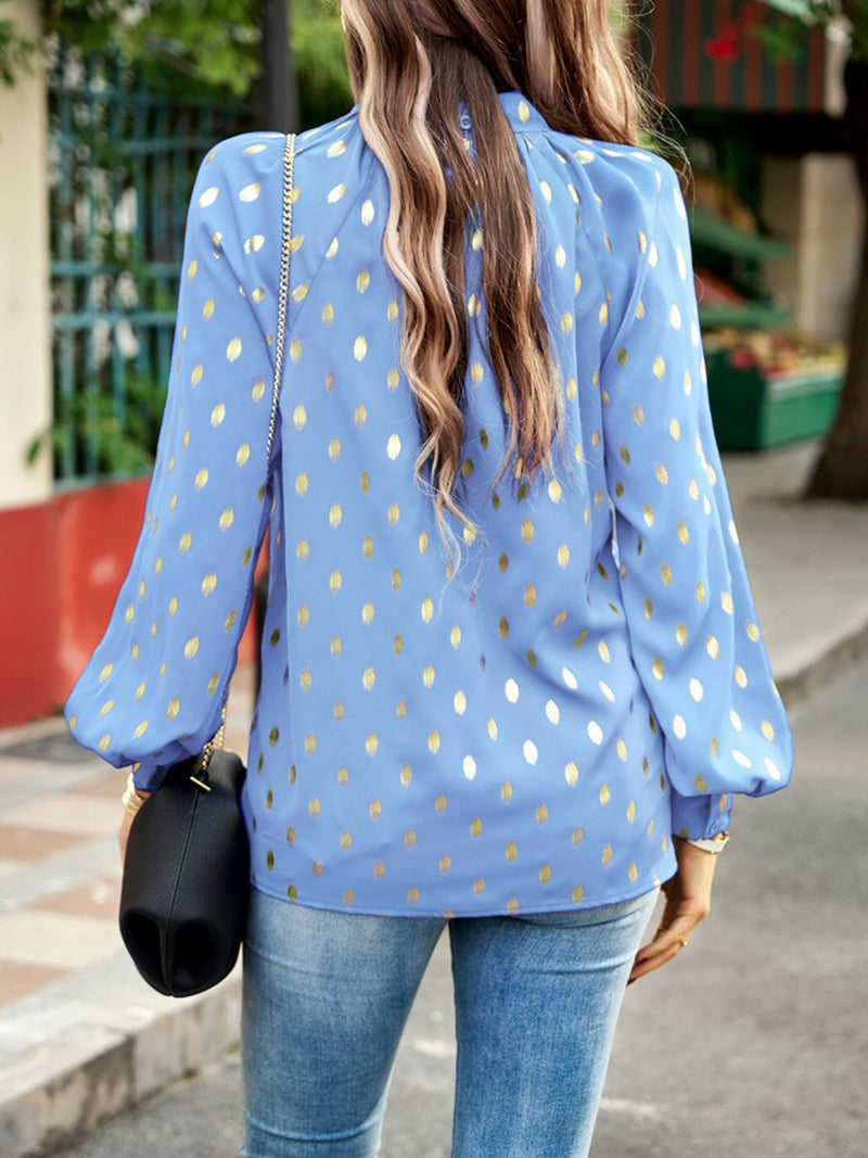 Elegant and Trendy: Mock Neck Cutout Lantern Sleeve Blouse at Burkegarb