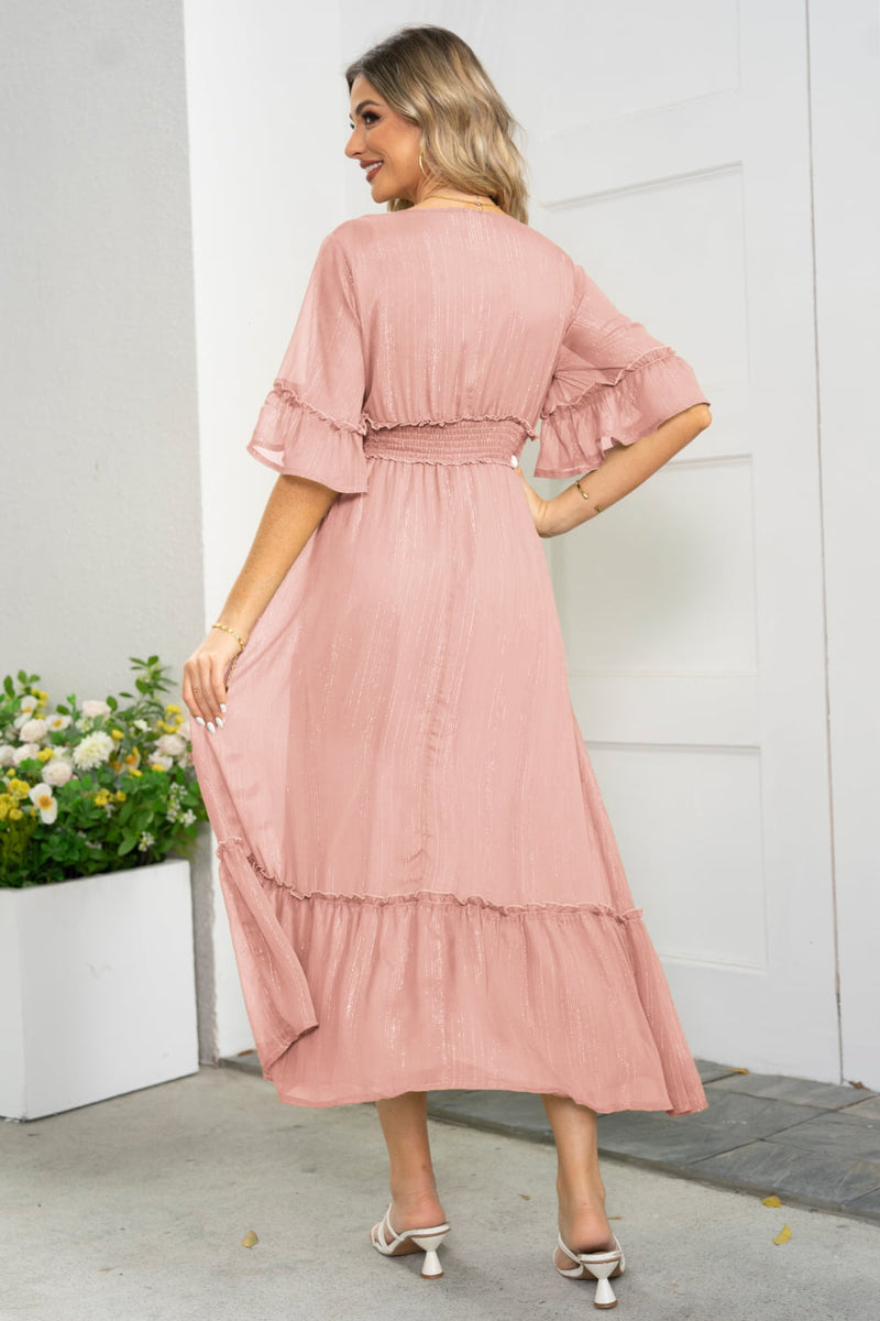 Elegance and Grace: V-Neck Flounce Sleeve Smocked Waist High Slit Dress at Burkesgarb