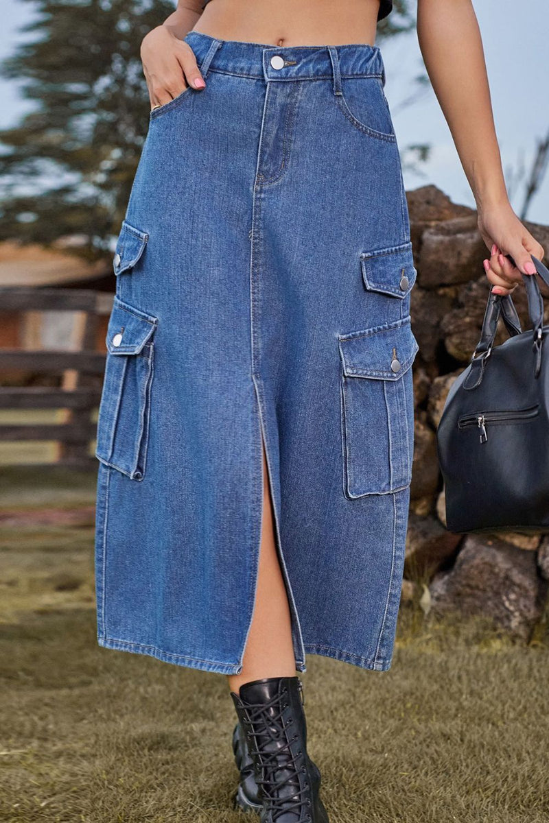 Fashionably Chic: Slit Front Denim Skirt with Pockets at Burkesgarb