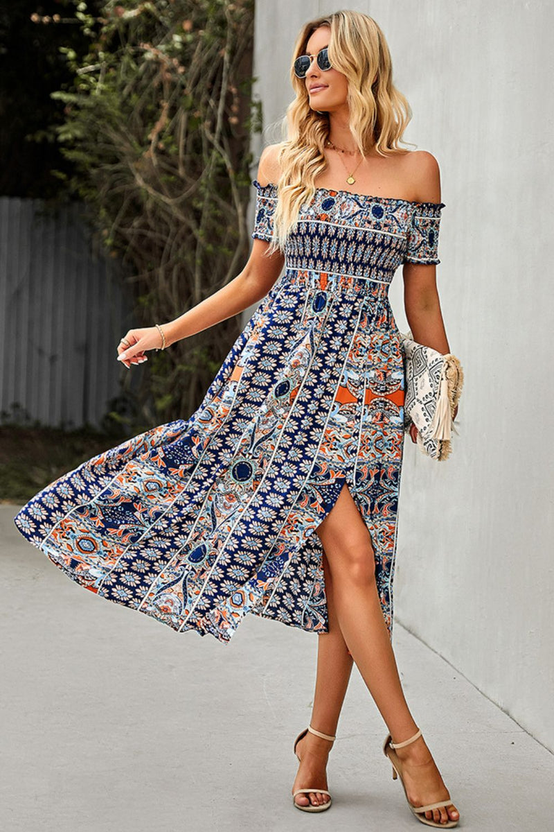 "Make a Statement with our Off-Shoulder Frill Trim Split Dress"