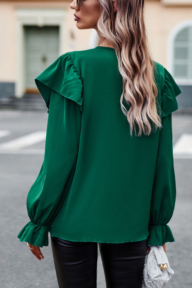 Elegant and Flirty: V-Neck Flounce Sleeve Ruffle Trim Blouse at Burkesgarb