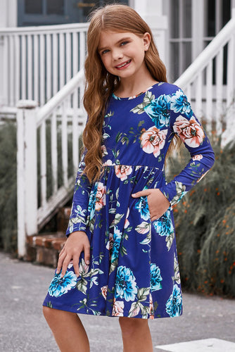Blooming Elegance: Girls Floral Long Sleeve Dress with Pockets at Burkesgarb