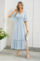Elegance and Grace: V-Neck Flounce Sleeve Smocked Waist High Slit Dress at Burkesgarb