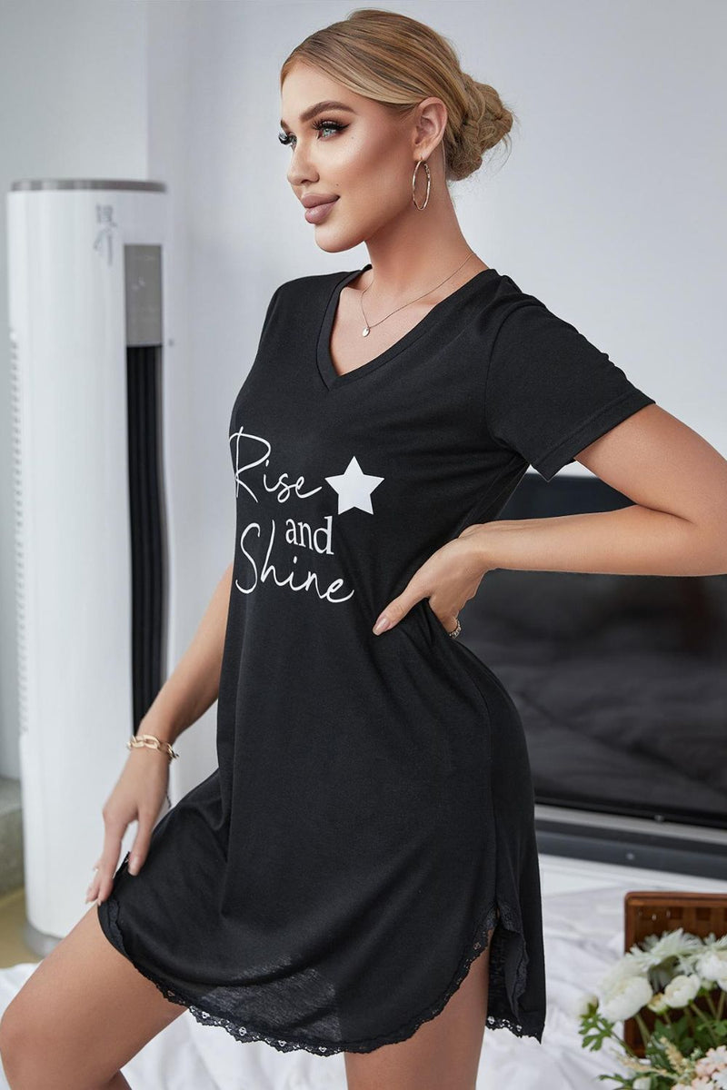 Start Your Day in Style with the RISE AND SHINE V-Neck T-Shirt Dress at Burkesgarb