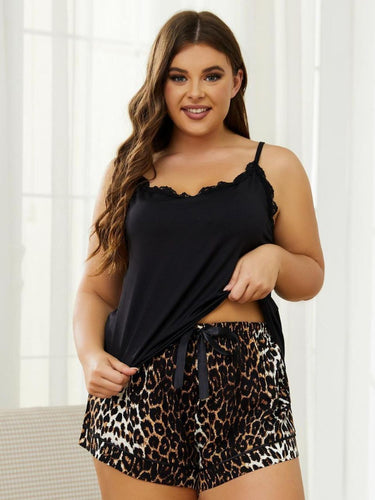 Sleep in Style with our Plus Size Neck Cami and Leopard Printed Pajama Shorts Set