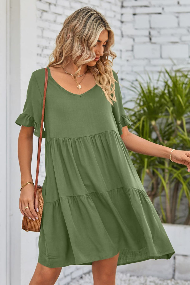 Flirty and Feminine: V-Neck Flounce Sleeve Tiered Dress at Burkesgarb