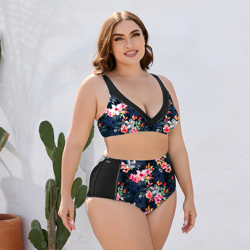 Floral Elegance: Plus Size Floral High Waist Two-Piece Swim Set | Burkesgarb