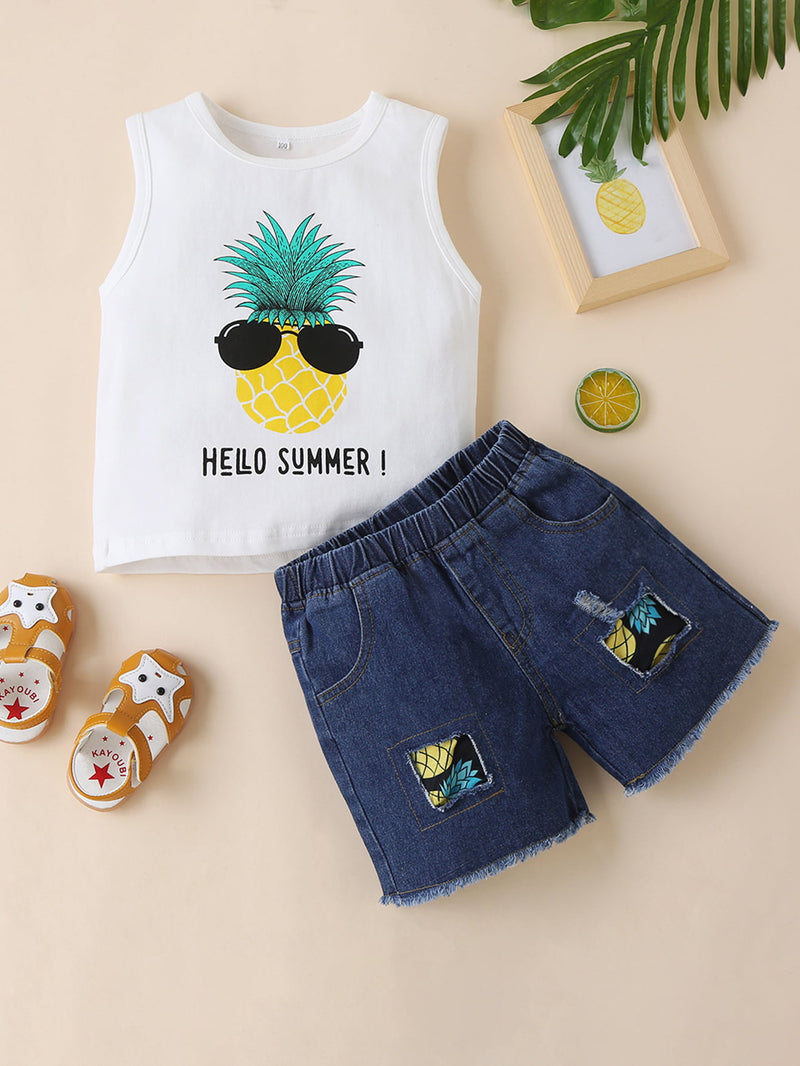 Hello Summer! Pineapple Graphic Tank and Denim Shorts Set | Burkesgarb