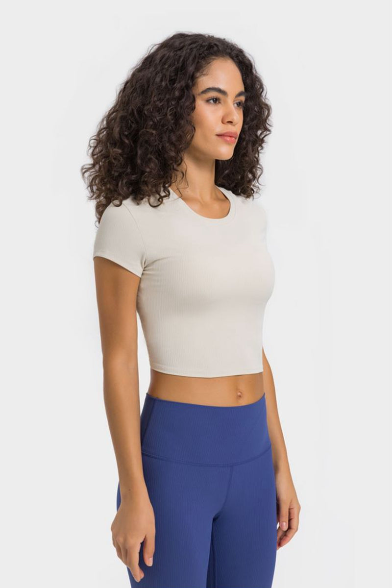 Stay Active in Style with the Round Neck Short Sleeve Cropped Sports T-Shirt at Burkesgarb