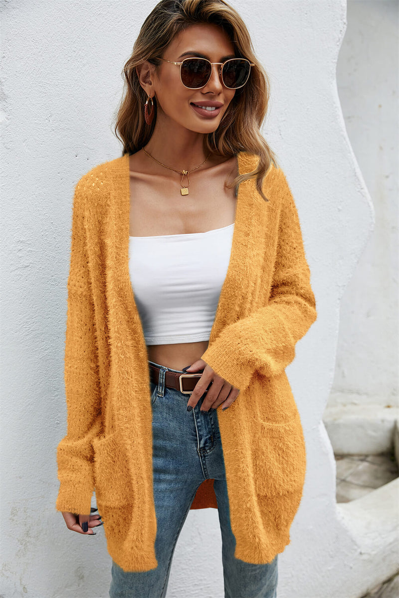 Cozy Open Front Openwork Fuzzy Cardigan | Burkesgarb - Stay Warm in Style