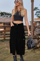 Fashionably Chic: Slit Front Denim Skirt with Pockets at Burkesgarb