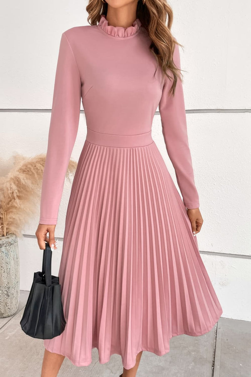 Embrace Elegance with the Ruffle Collar Pleated Long Sleeve Dress at Burkesgarb