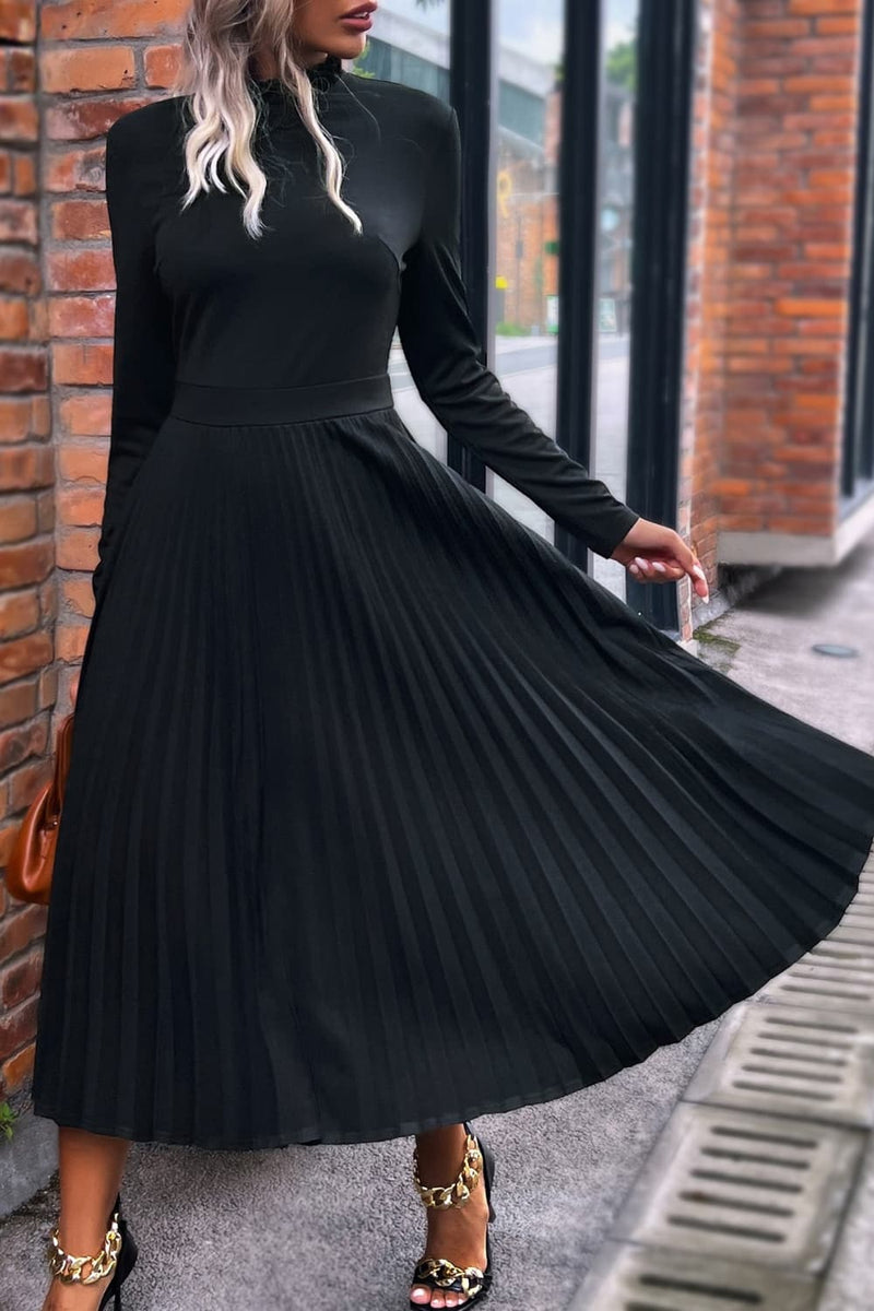 Embrace Elegance with the Ruffle Collar Pleated Long Sleeve Dress at Burkesgarb