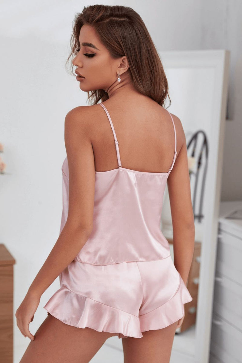 Unwind in Style with the Satin Cami and Ruffle Hem Shorts Pajama Set from Burkesgarb