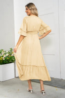 Elegance and Grace: V-Neck Flounce Sleeve Smocked Waist High Slit Dress at Burkesgarb