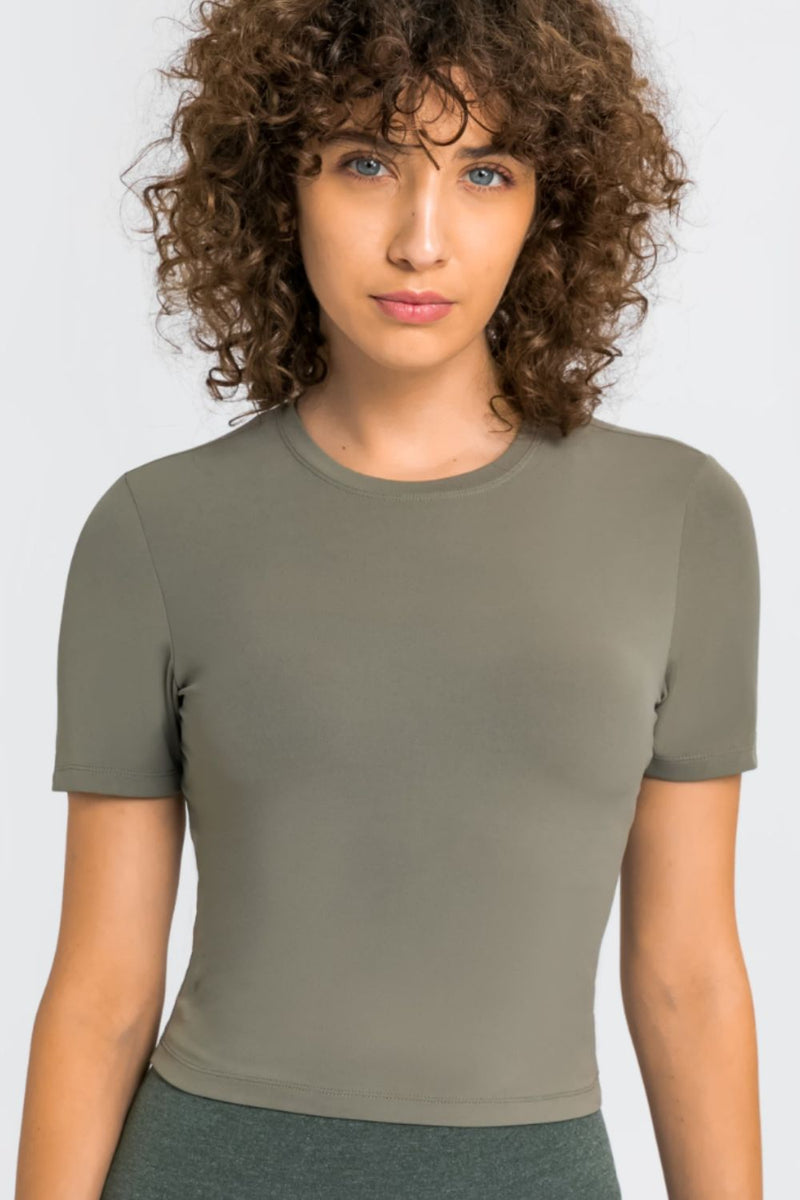 Stay Comfy and Stylish with the Round Neck Short Sleeve Yoga Tee at Burkesgarb