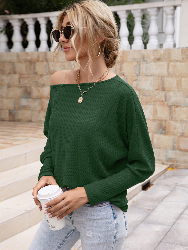 Stay Cozy and Chic with the Waffle-Knit Boat Neck Long Sleeve Top at Burkesgarb