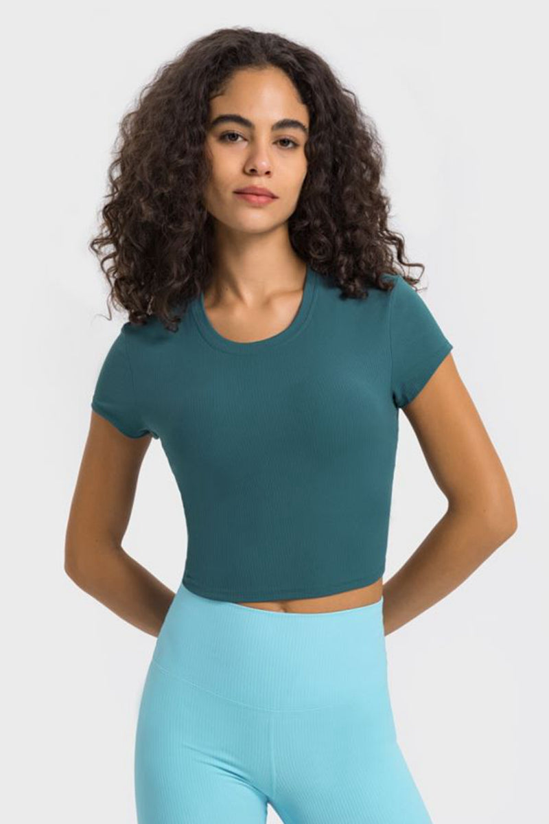 Stay Active in Style with the Round Neck Short Sleeve Cropped Sports T-Shirt at Burkesgarb