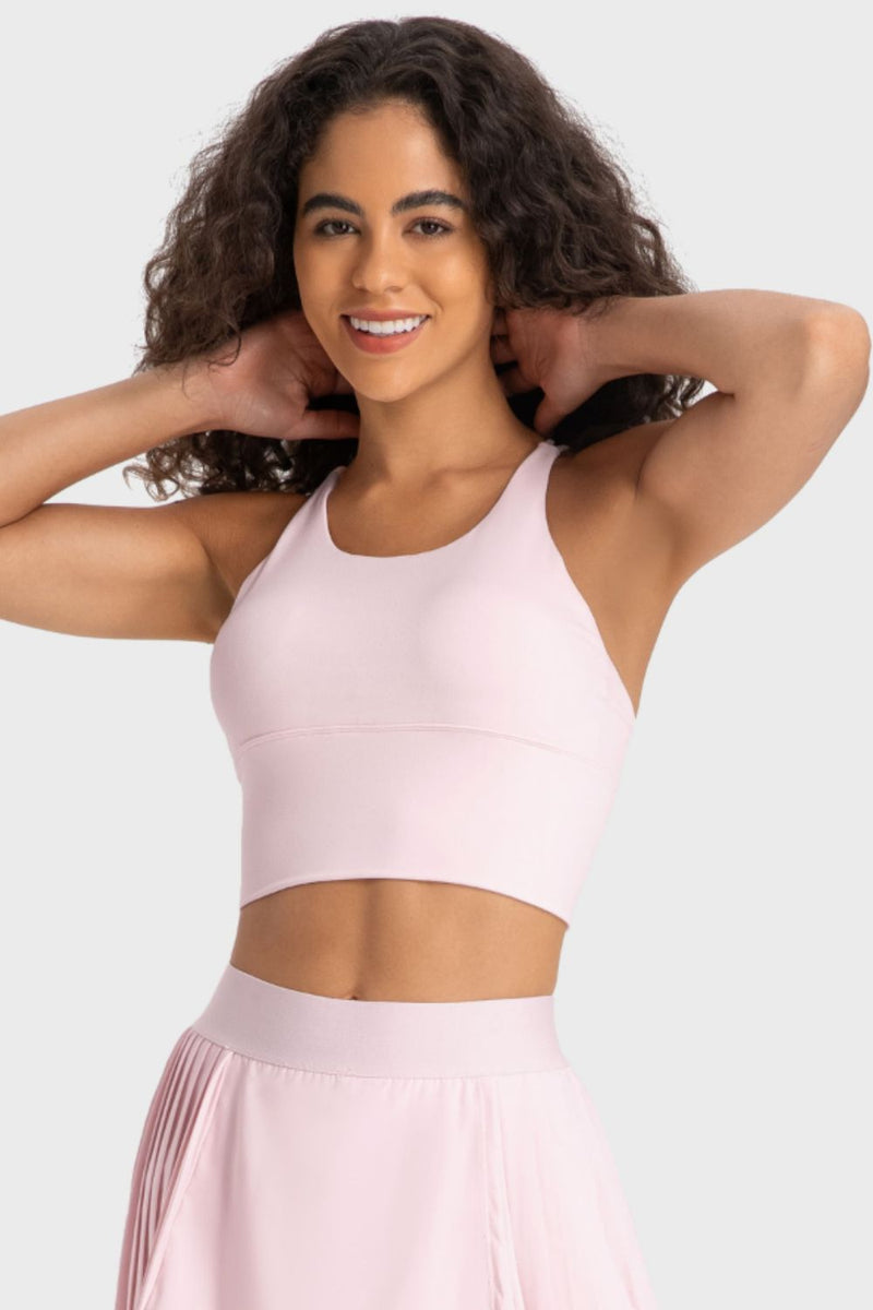 Stylish Support: Crisscross Back Ladder Detail Sports Bra at Burkesgarb