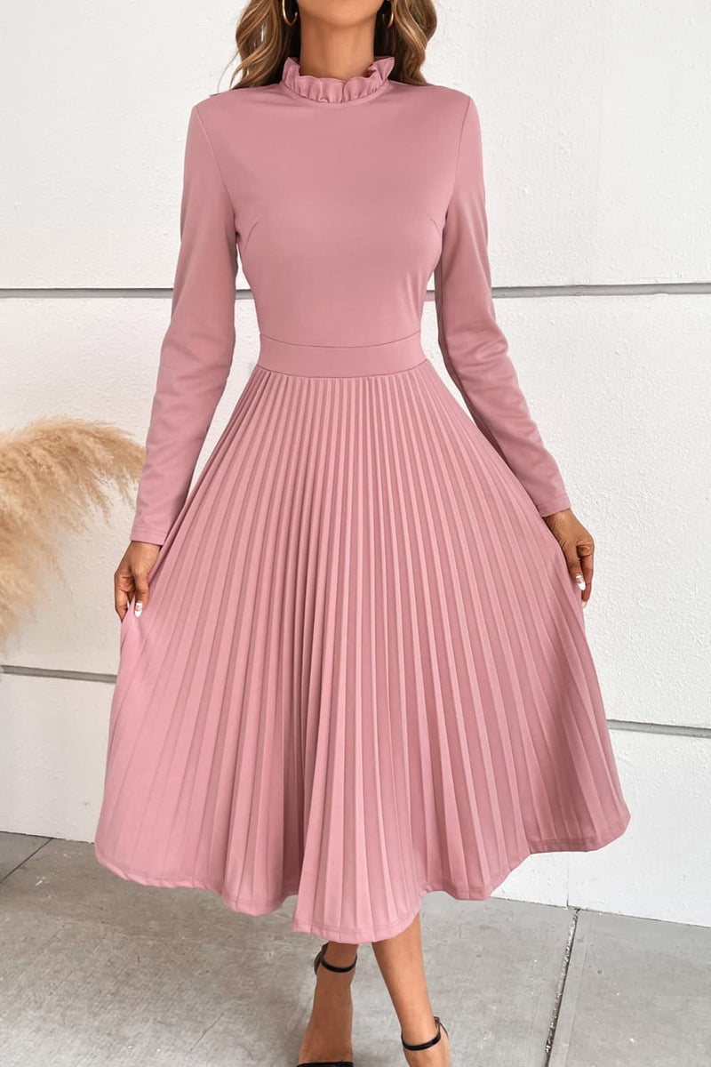 Embrace Elegance with the Ruffle Collar Pleated Long Sleeve Dress at Burkesgarb