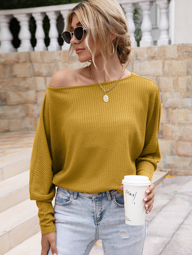 Stay Cozy and Chic with the Waffle-Knit Boat Neck Long Sleeve Top at Burkesgarb