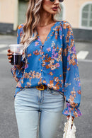 Floral Design Flounce Sleeve Blouse at Burkesgarb