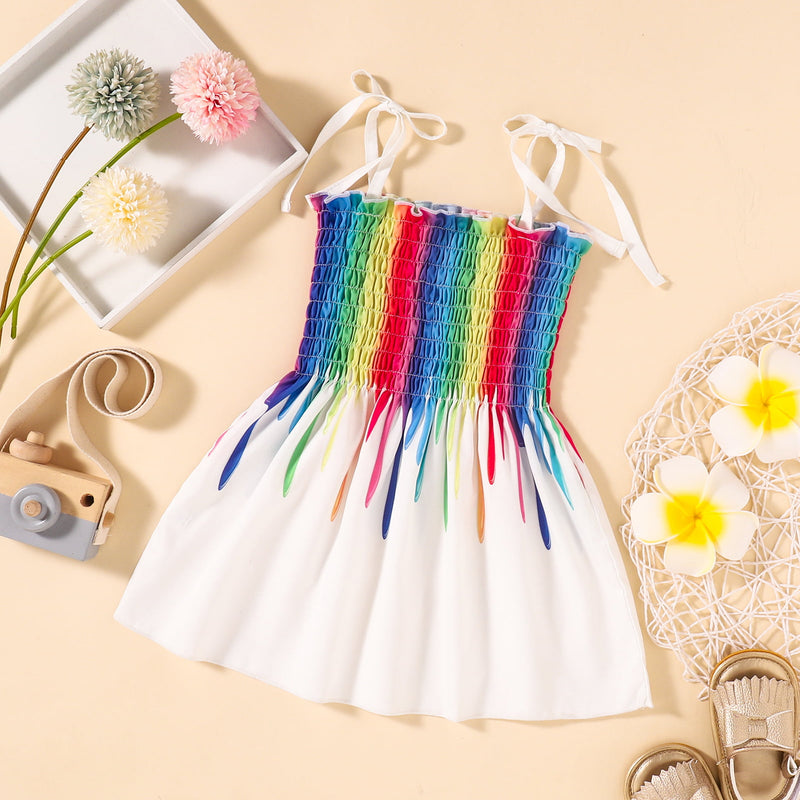 Adorable and Playful: Baby and Toddler Rainbow Color Tie Shoulder Smocked Dress at Burkesgarb