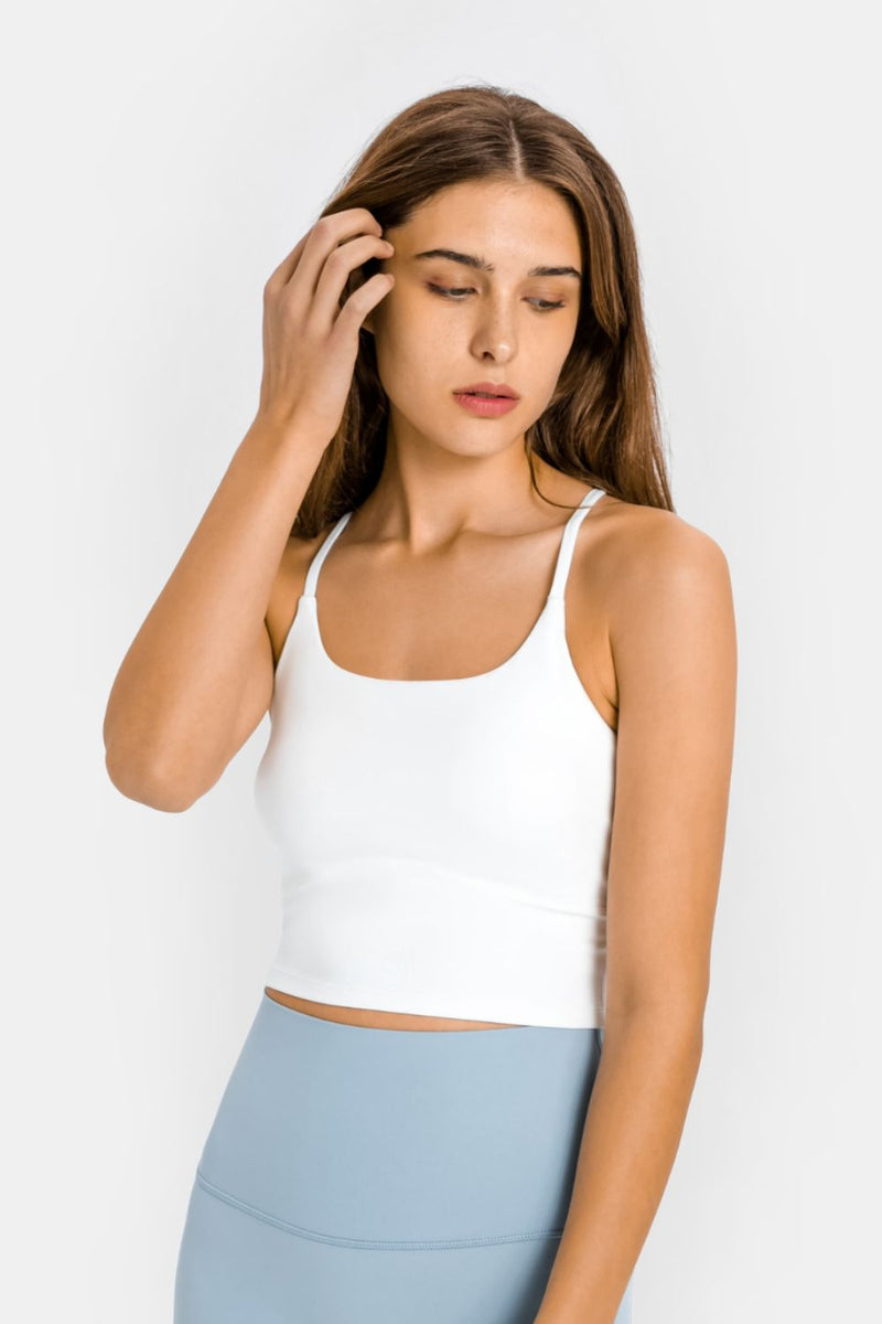 Achieve Athletic Elegance with the Crisscross Back Scoop Neck Sports Cami at Burkesgarb