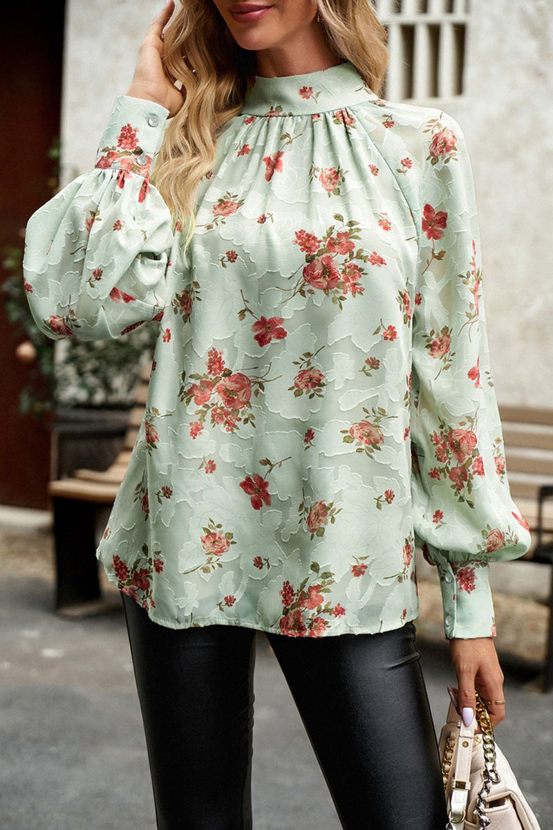 Charming and Chic: Floral Design Lantern Sleeve Blouse at Burkesgarb