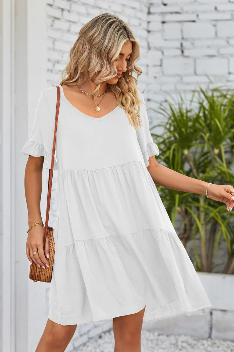 Flirty and Feminine: V-Neck Flounce Sleeve Tiered Dress at Burkesgarb