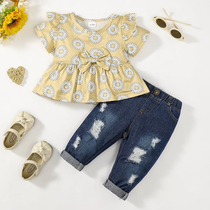 "Adorable and Stylish: Floral Ruffle Shoulder Babydoll Top and Jeans Set for Babies by Burkesgarb | Fashionable and Comfortable Baby Outfit"