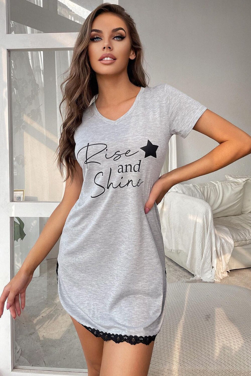 Start Your Day in Style with the RISE AND SHINE V-Neck T-Shirt Dress at Burkesgarb