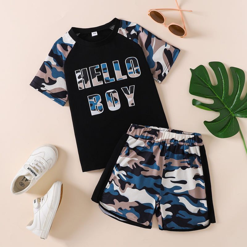 "Say 'HELLO' to Adorable Style with the Baby/Toddler HELLO Tee and Camouflage Shorts Set at Burkesgarb