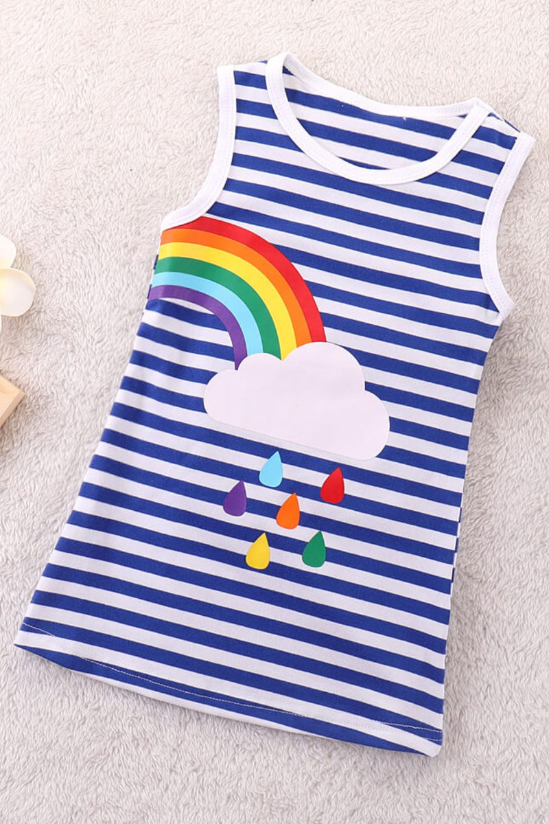 Vibrant and Playful: Girls Rainbow Design Striped Sleeveless Dress at Burkesgarb