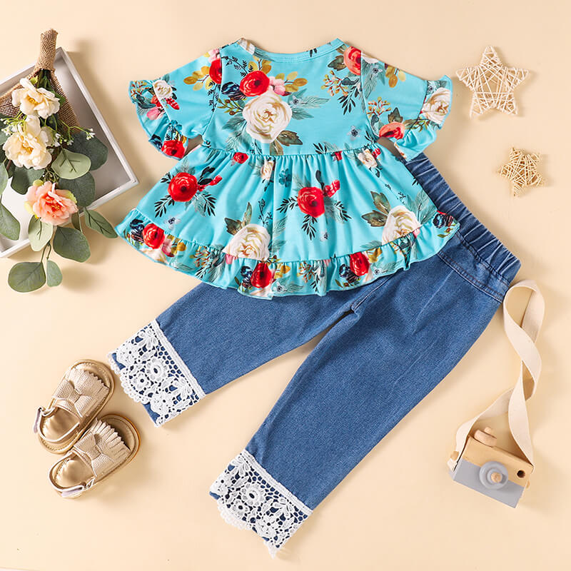 Charming and Stylish: Girls Floral Top and Lace Trim Distressed Jeans Set | Burkesgarb