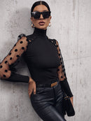 Elegant and Chic: Buttoned Lantern Sleeve Turtle Neck Blouse at Burkesgarb