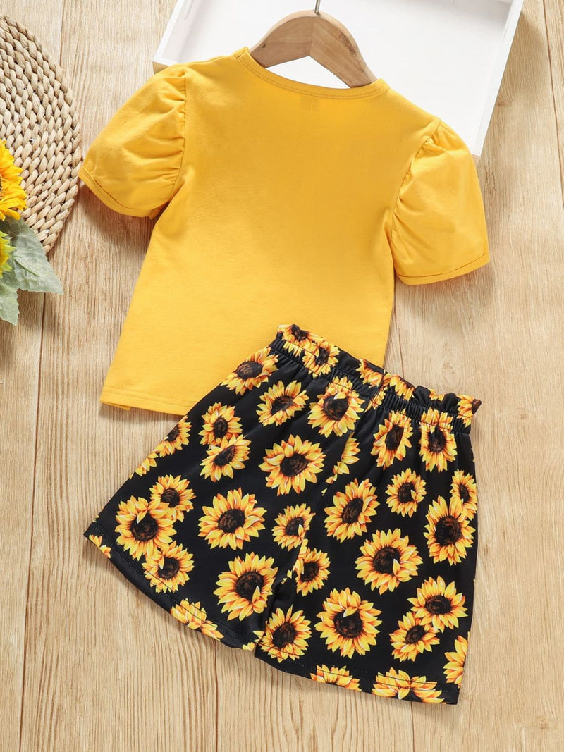 "Fun and Trendy: Girls Slogan Graphic Top and Sunflower Print Shorts Set by Burkesgarb | Playful and Stylish for Young Fashionistas"