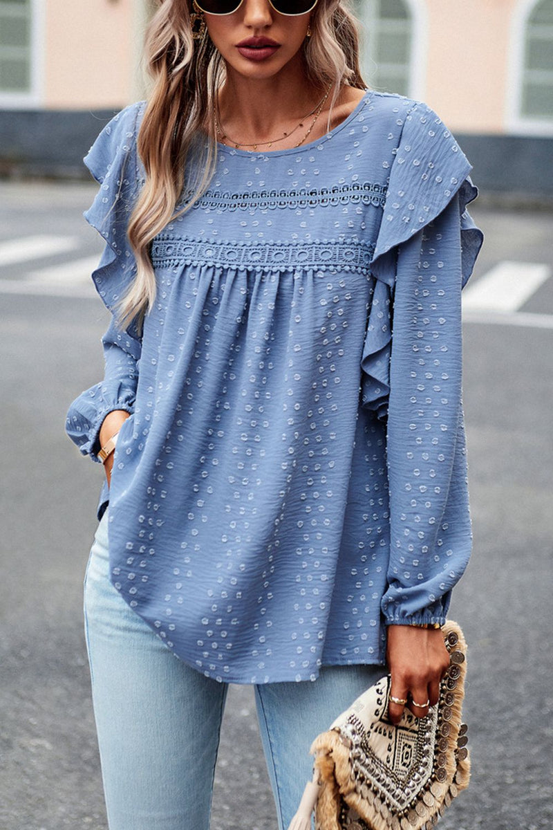 Chic and Playful: Ruffle Trim Balloon Sleeve Blouse at Burkesgarb